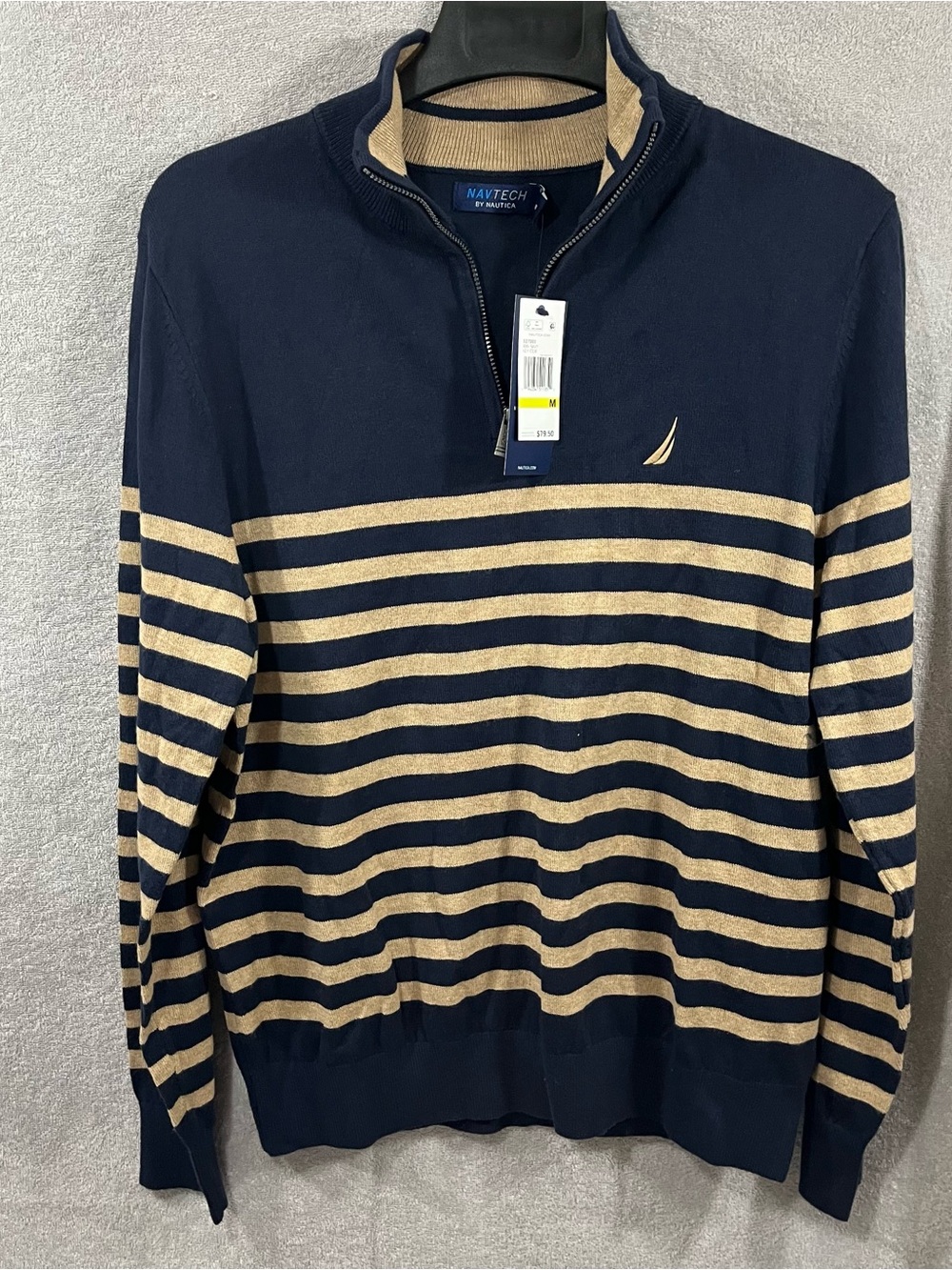 Nautica Navtech 1/4 Zip Sweater Mens Medium Blue Tan Striped Pullover Cotton NWT